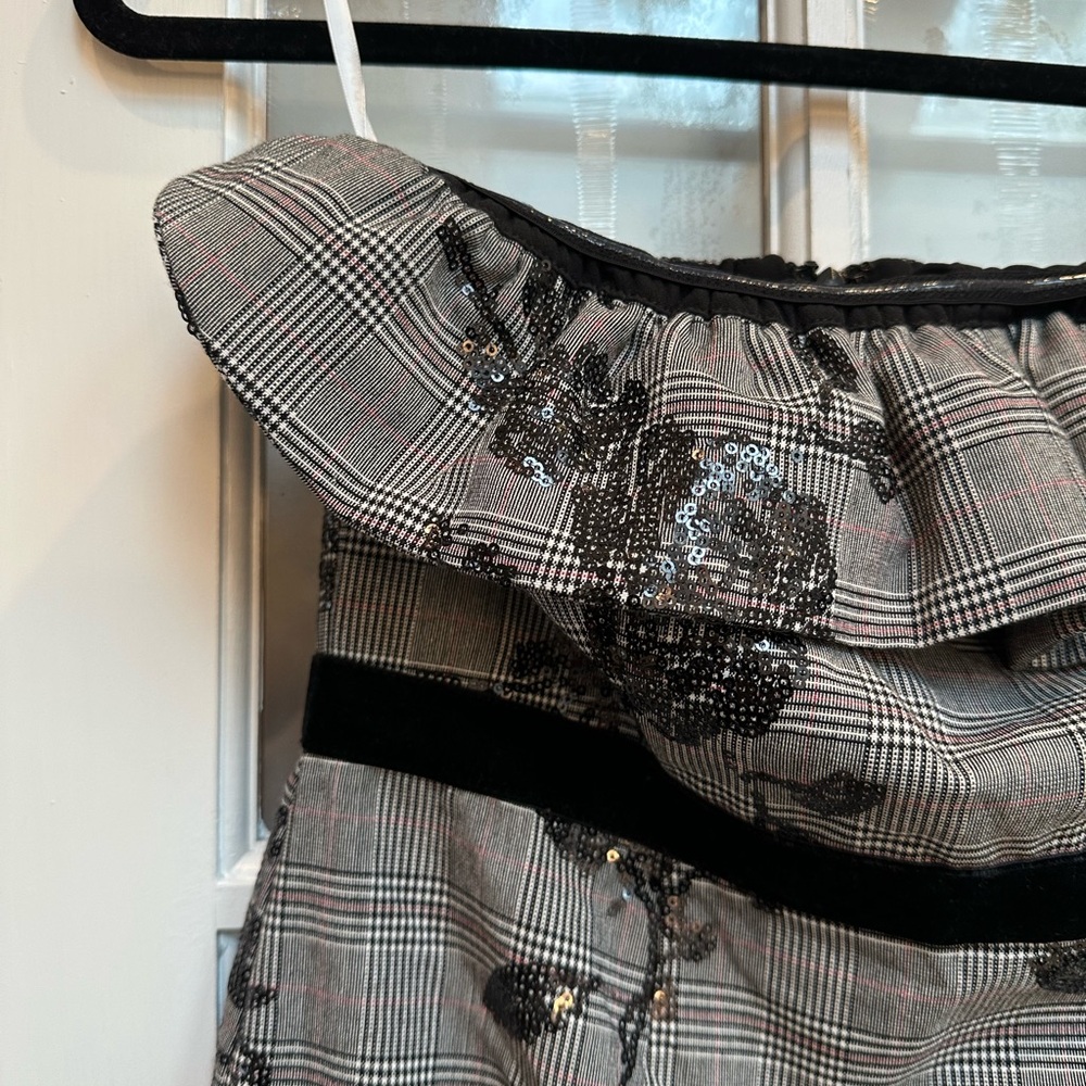 Foxiedox Black Gray Plaid Sequin Floral High Low Ruffle Formal Dress Size 4 NWT - Picture 2 of 12